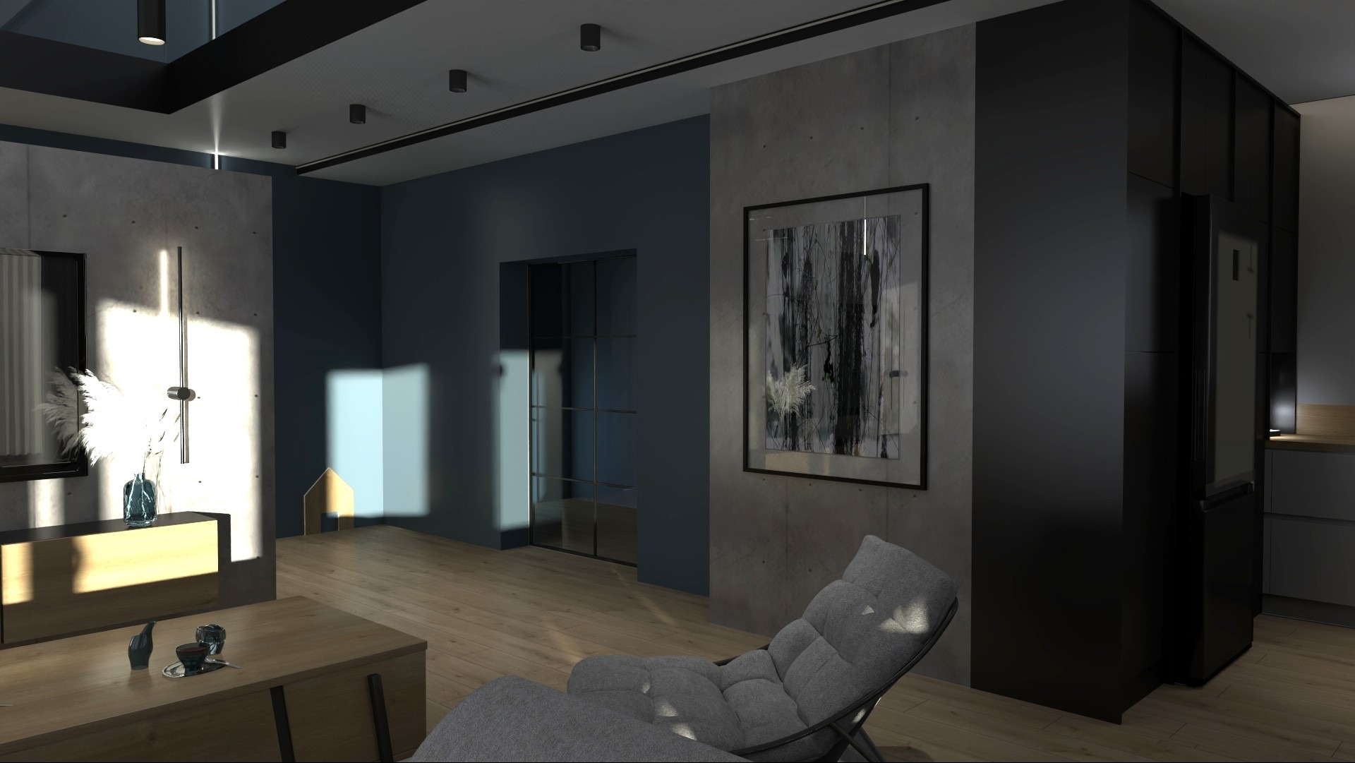 Nowoczesny salon z szarą sofą, drewnianym stolikiem i betonową ścianą z abstrakcyjnym obrazem. Minimalistyczne oświetlenie i czarne meble kuchenne w tle.