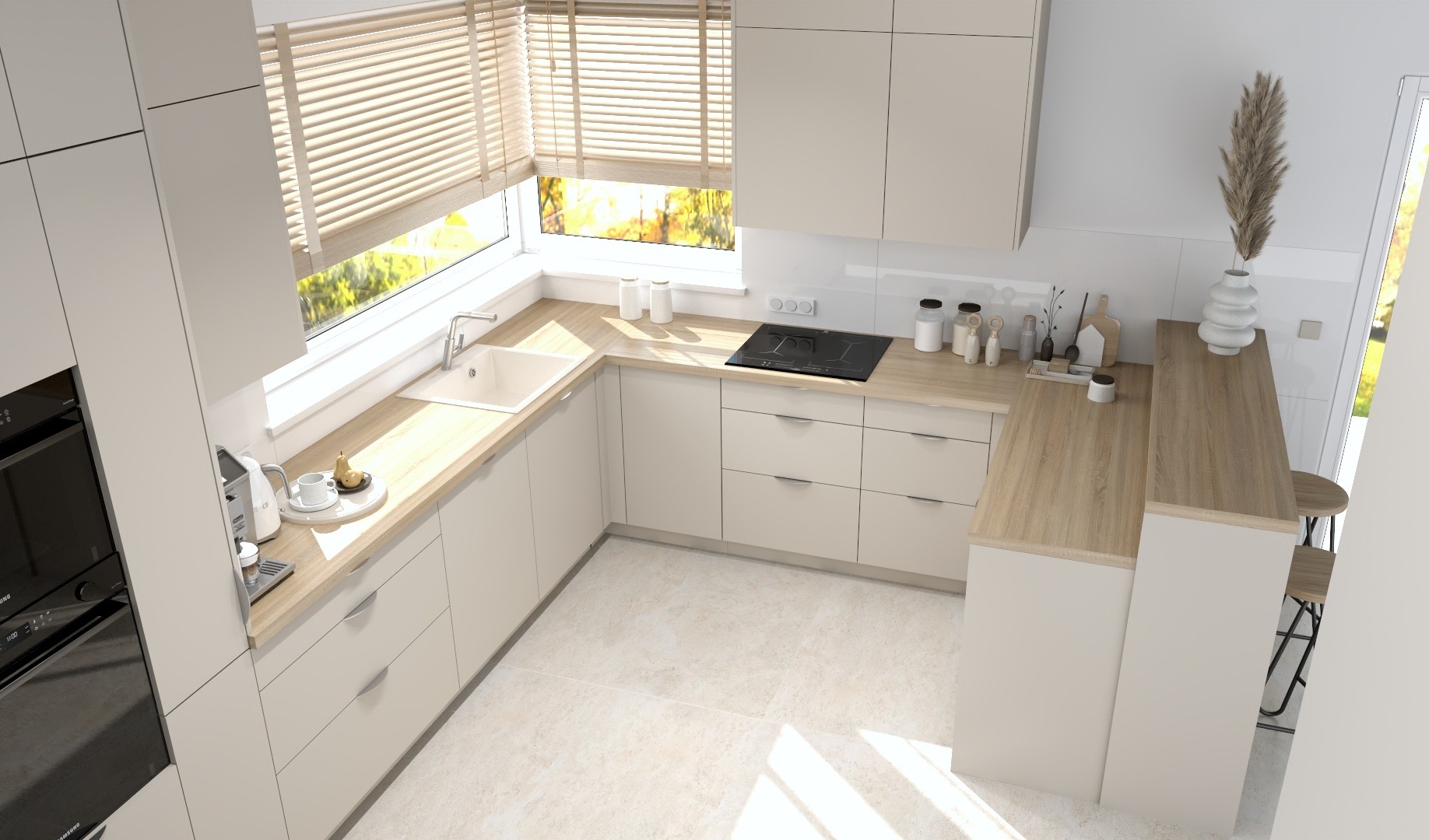 Jasna, nowoczesna kuchnia z drewnianymi blatami, widziana z góry. Minimalistyczne szafki, okno z żaluzjami i subtelne dodatki tworzą przytulną przestrzeń.