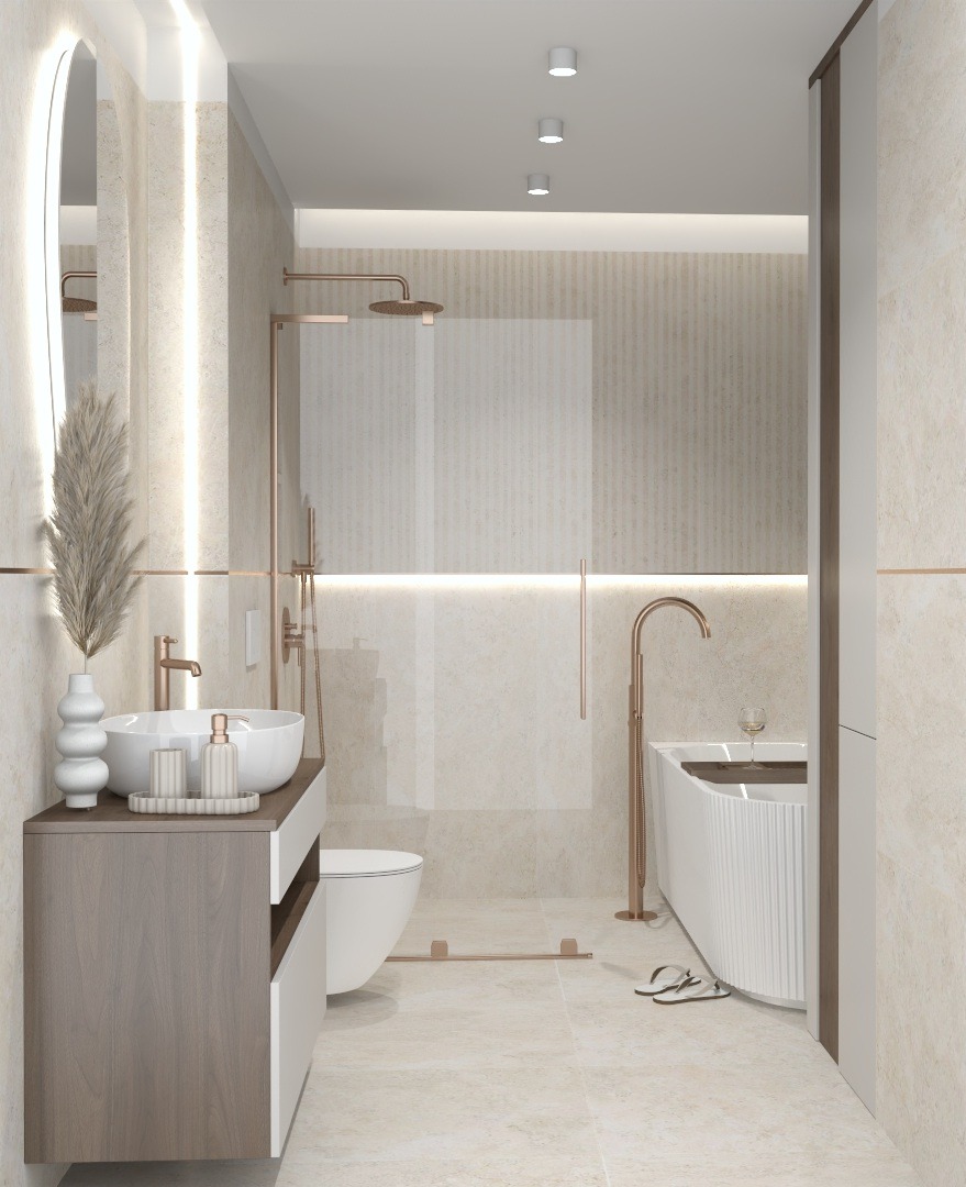 Jasna łazienka z kabiną prysznicową typu walk-in, umywalką na szafce z drewnianym frontem i wanną z ozdobną armaturą w kolorze miedzi. Minimalistyczny design.