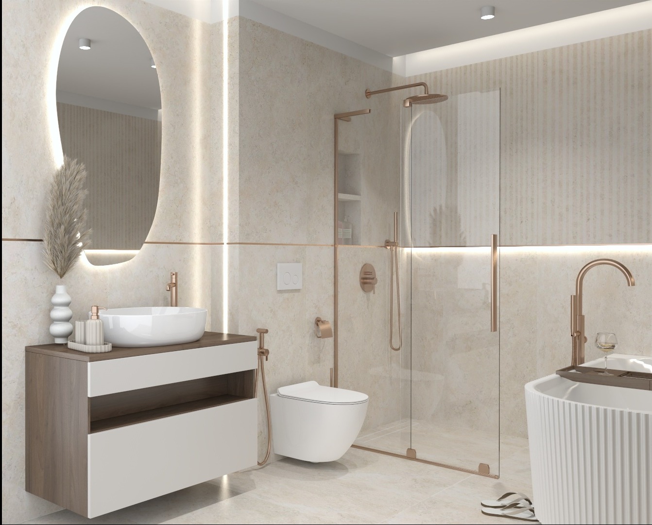 Elegancka łazienka w beżach z akcentami miedzianymi: owalne lustro z podświetleniem, kabina prysznicowa typu walk-in, umywalka nablatowa i wolnostojąca wanna.