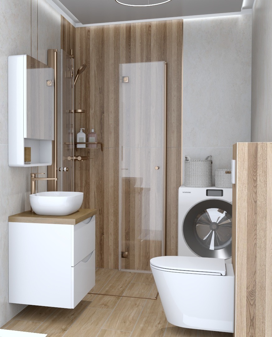 Nowoczesna łazienka z drewnianymi akcentami: biała umywalka nablatowa, kabina prysznicowa ze złotymi detalami, toaleta i pralka. Minimalistyczny design.