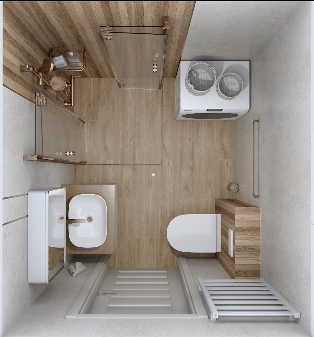 Widok z góry na nowoczesną łazienkę z drewnianymi akcentami, kabiną prysznicową, umywalką, toaletą i pralką. Minimalistyczny design z elementami w kolorze miedzi.