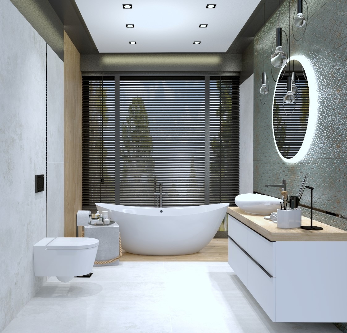 Nowoczesna łazienka z wolnostojącą wanną na tle okna z żaluzjami. Umywalka nablatowa, okrągłe lustro z podświetleniem LED i minimalistyczna toaleta.