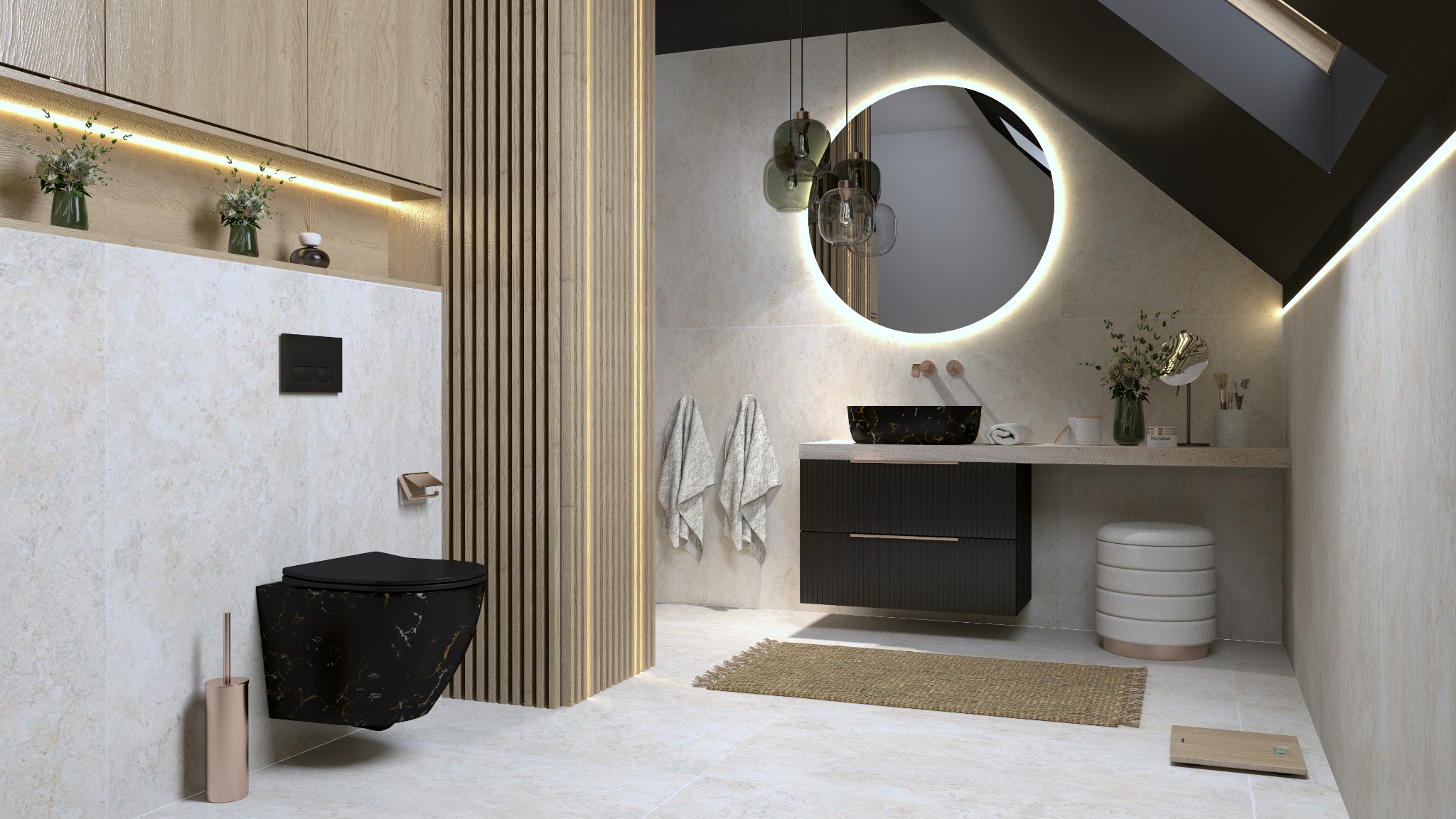 Nowoczesna łazienka na poddaszu z czarną armaturą i okrągłym lustrem z podświetleniem LED. Umywalka nablatowa, drewniane lamele i beżowe płytki tworzą spójną całość.