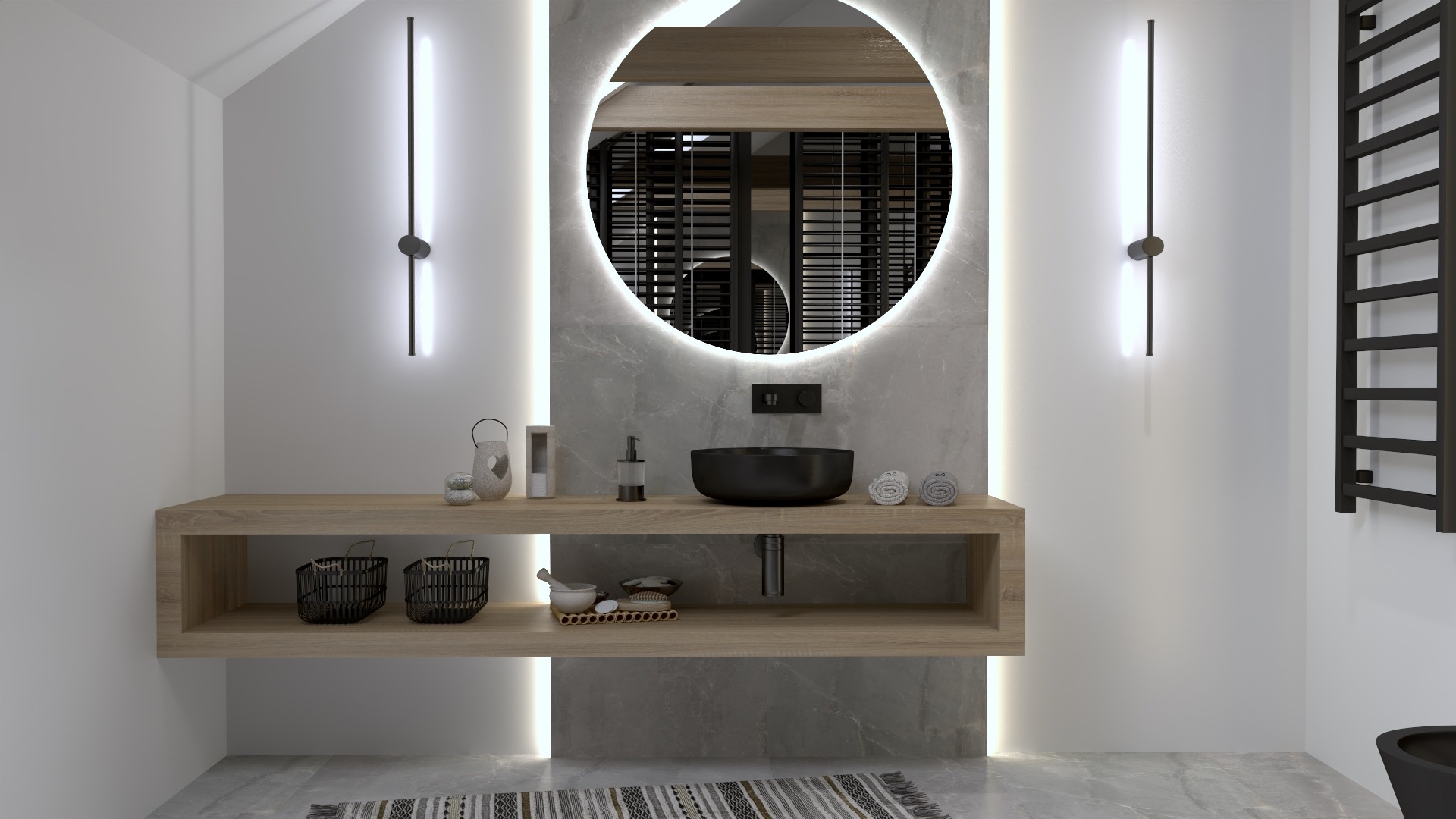 Nowoczesna łazienka z okrągłym lustrem LED, drewnianą szafką pod umywalką i szarymi płytkami. Minimalistyczne oświetlenie i czarny grzejnik drabinkowy.