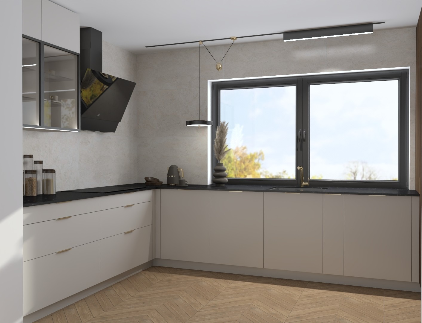 Nowoczesna kuchnia z drewnianą podłogą w jodełkę, jasnymi szafkami i czarnym blatem. Okno z widokiem na zieleń. Minimalistyczny design z akcentami złota.