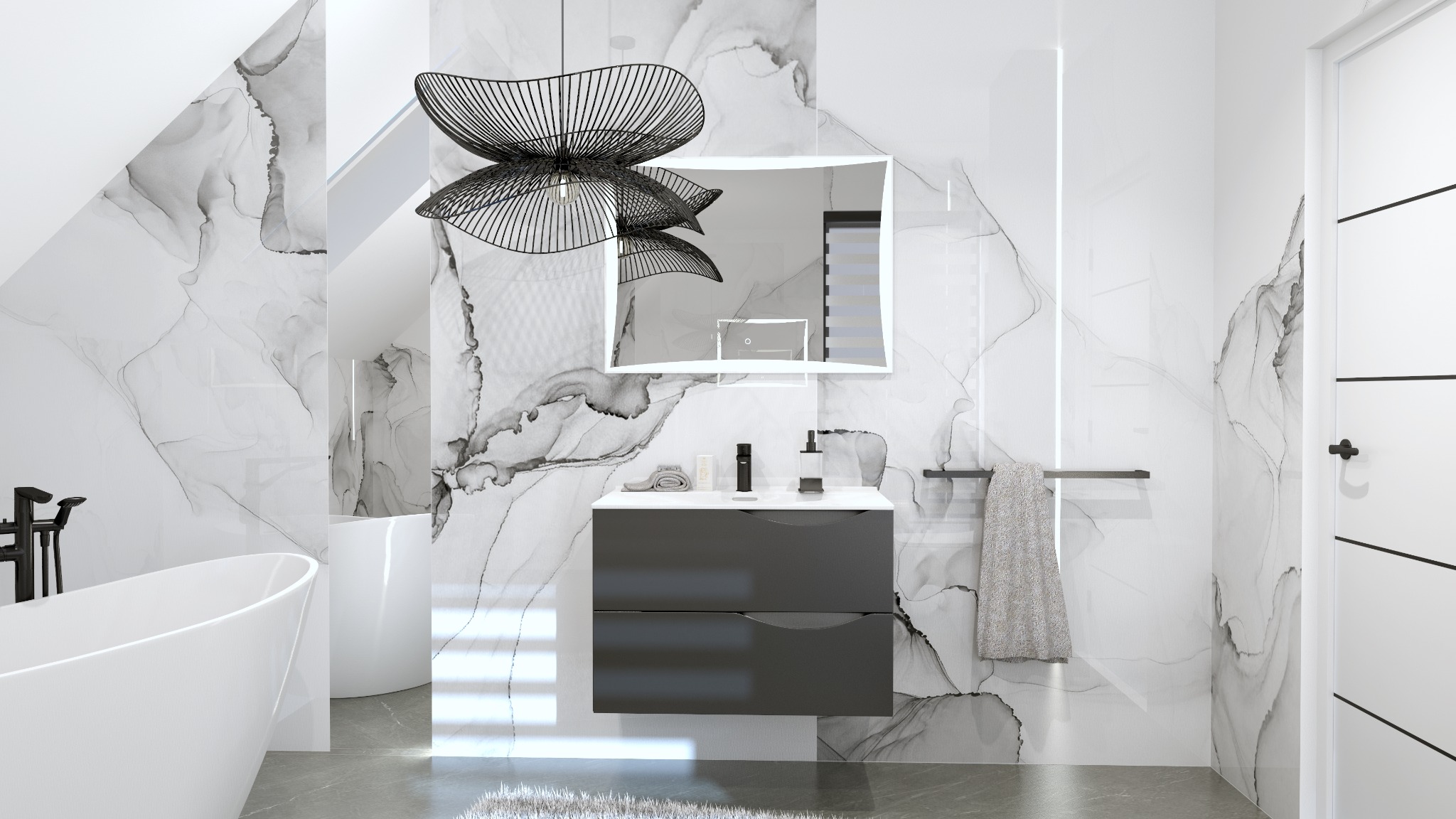 Nowoczesna łazienka z marmurowymi płytkami, wiszącą szafką z umywalką, podświetlanym lustrem i designerską lampą. Minimalistyczny styl, dominująca biel i szarość.