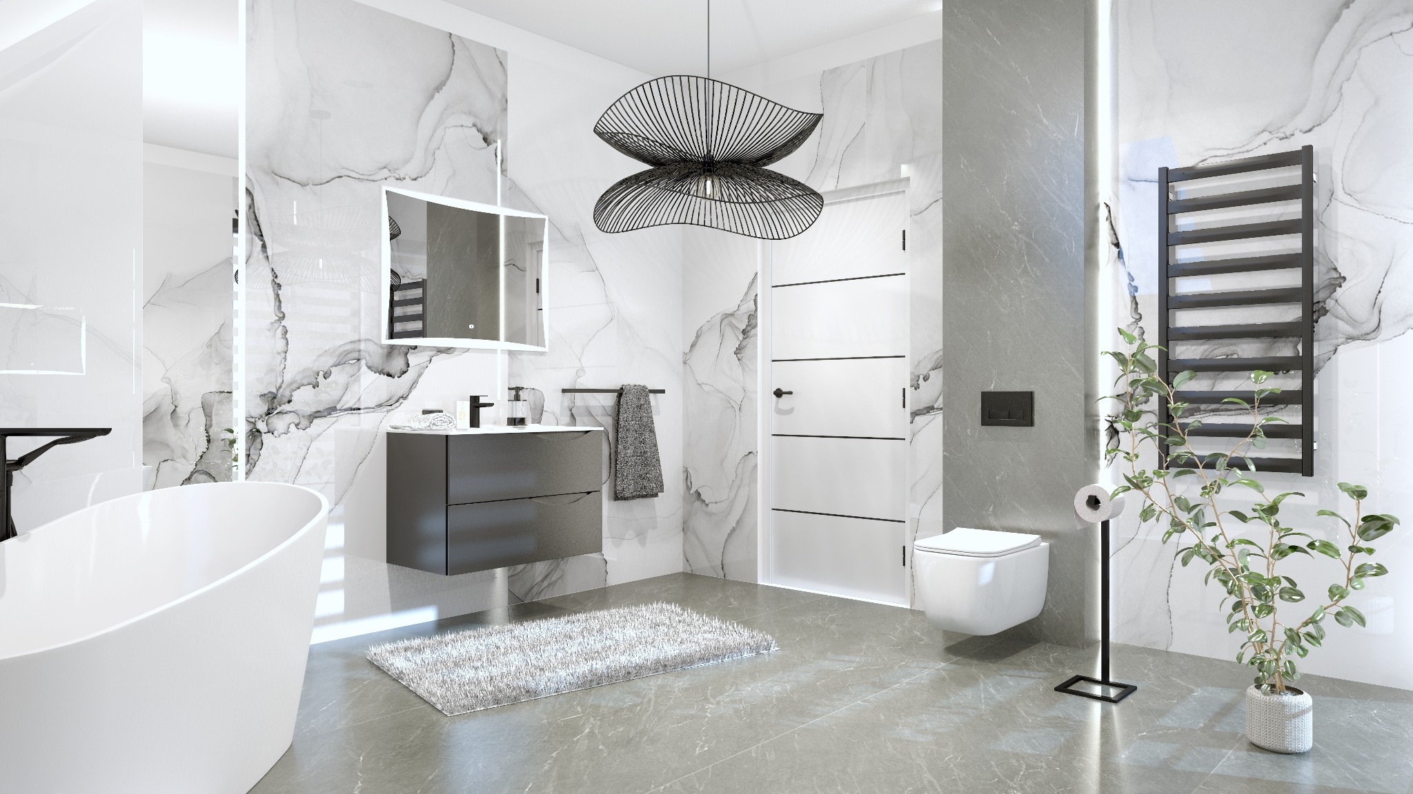 Nowoczesna łazienka z marmurowymi płytkami, wiszącą szafką z umywalką, designerską lampą i minimalistyczną toaletą. Roślina w doniczce dodaje naturalnego akcentu.