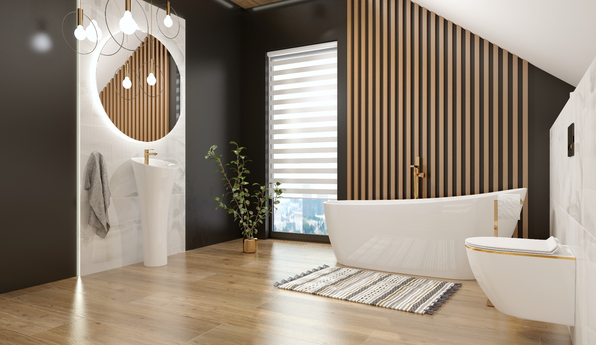 Nowoczesna łazienka z drewnianymi akcentami: lamelowa ściana, okrągłe lustro z podświetleniem, wolnostojąca wanna i umywalka na postumencie. Minimalistyczny design.