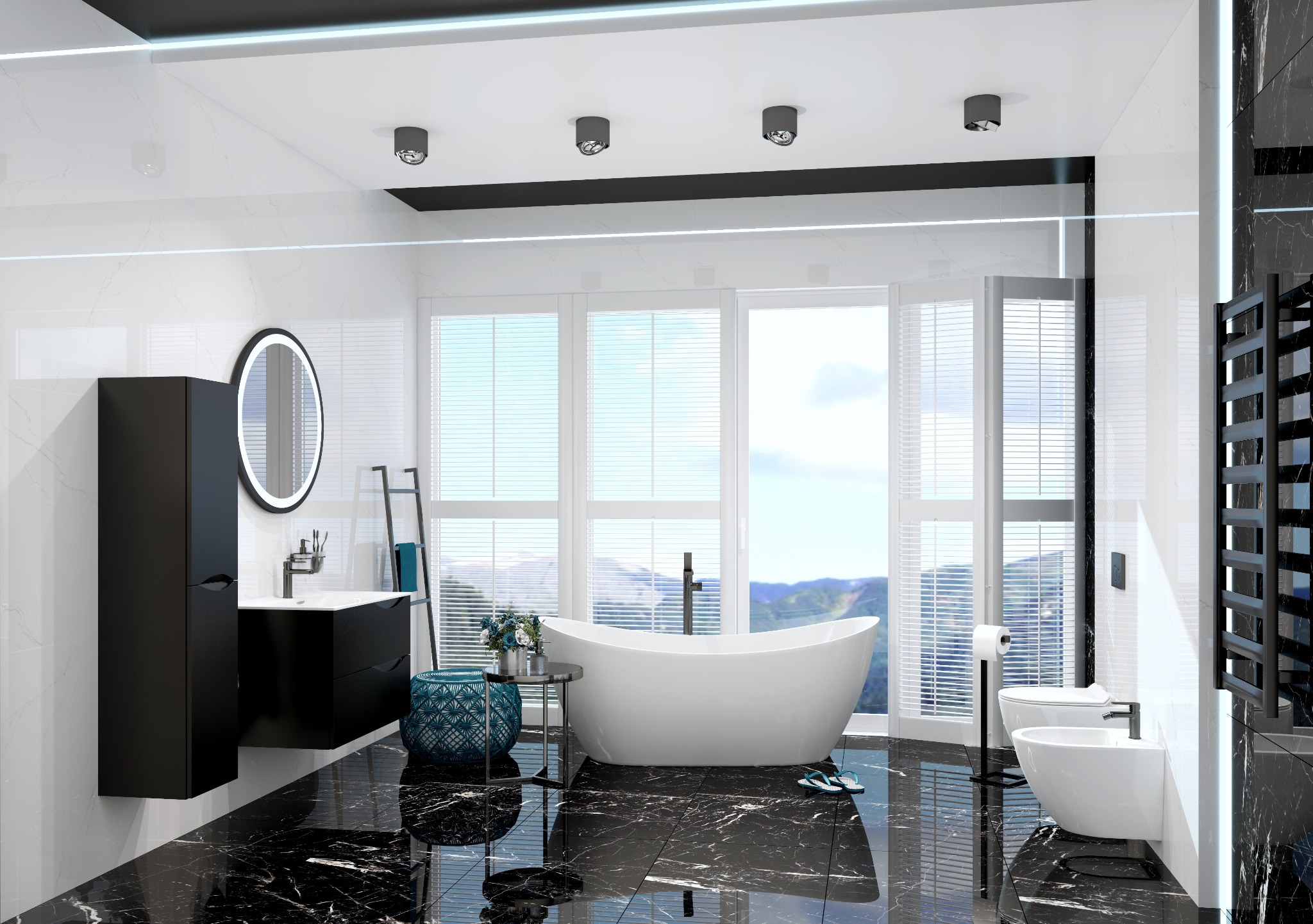 Nowoczesna łazienka z czarno-białymi marmurowymi płytkami, wolnostojącą wanną i oknem z widokiem na góry. Minimalistyczne oświetlenie i czarne meble.
