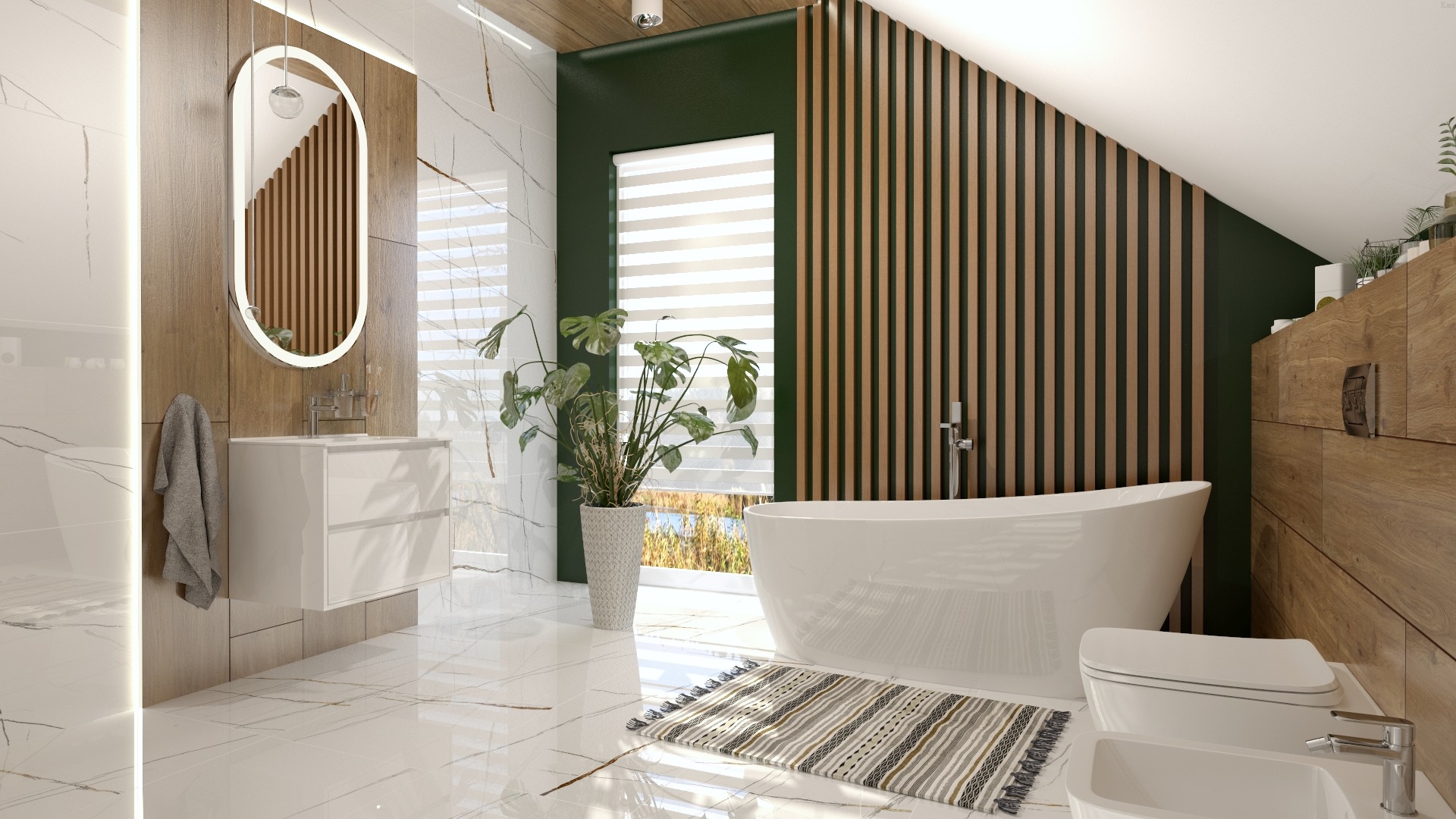 Nowoczesna łazienka z wolnostojącą wanną, białymi płytkami imitującymi marmur i drewnianymi akcentami. Uwagę przykuwa podświetlane lustro i zielona ściana.