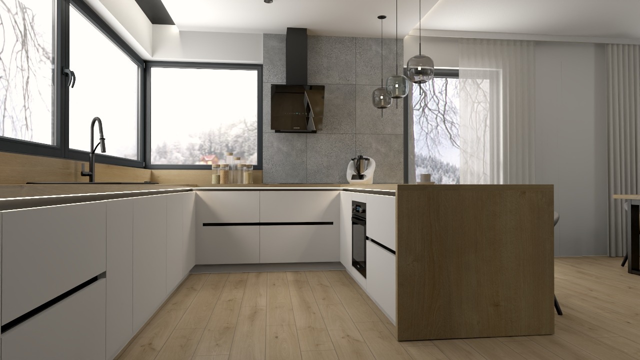 Nowoczesna kuchnia w bieli i drewnie z dużym oknem i widokiem na zimowy krajobraz. Minimalistyczny design, oświetlenie LED i wiszące lampy.