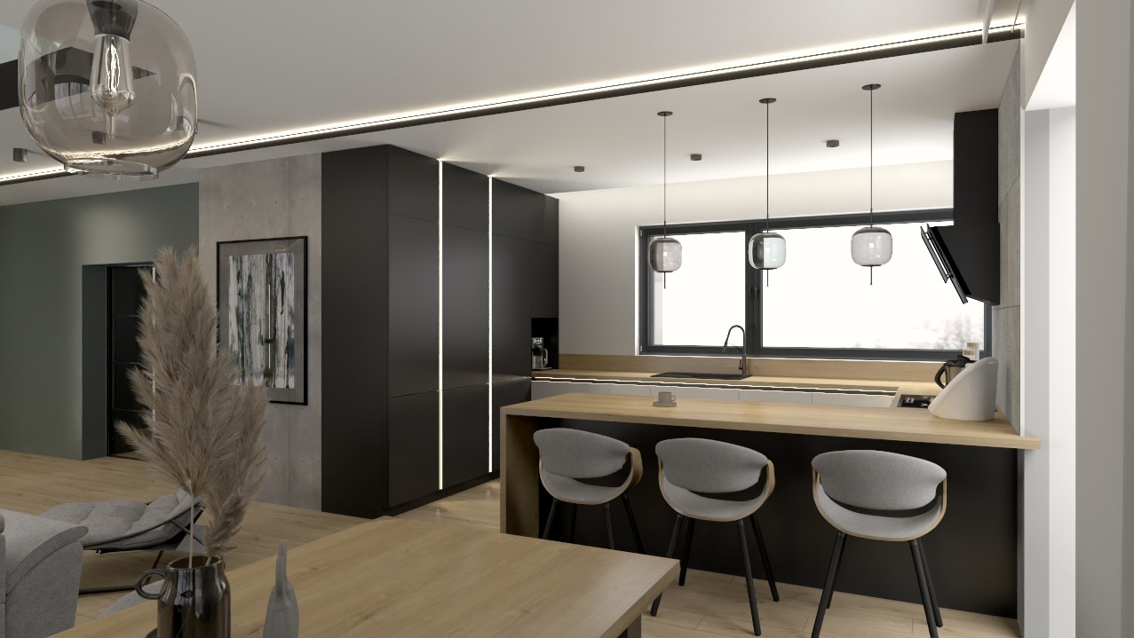 Wizualizacja nowoczesnej kuchni z wyspą i czarnymi szafkami z oświetleniem LED. Minimalistyczne krzesła barowe i lampy wiszące dopełniają aranżację.