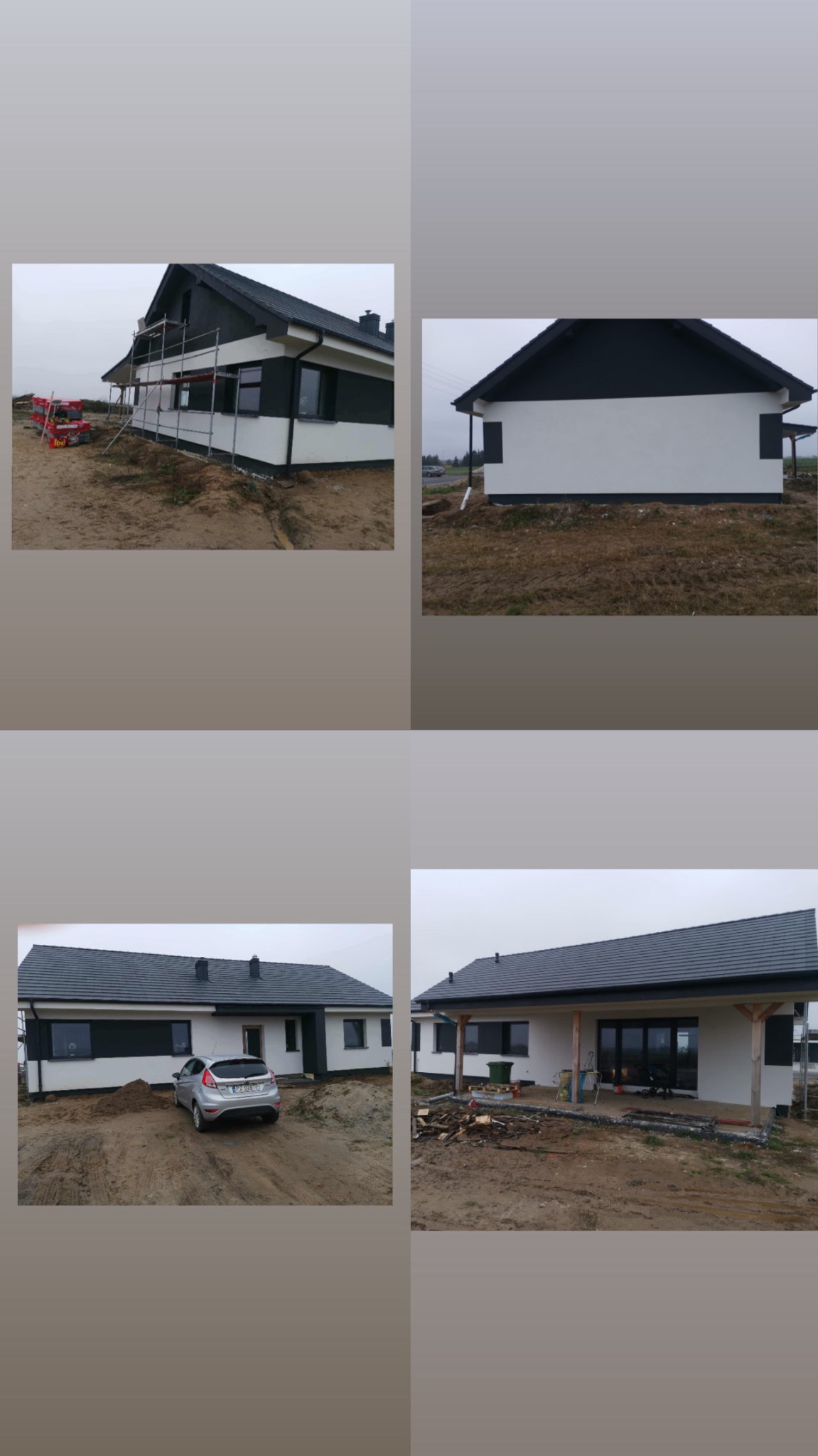 Cztery kadry domu jednorodzinnego z czarno-białą elewacją. Na jednym ujęciu widoczne rusztowania, na innym zaparkowany samochód. Pochmurna pogoda.