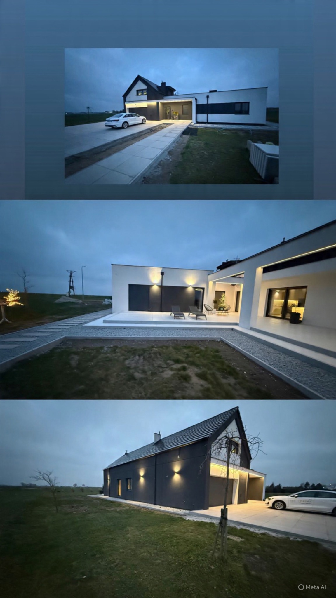 Nowoczesny dom jednorodzinny w Pniewach z oświetloną elewacją i podjazdem, prezentowany w trzech ujęciach o zmierzchu. Widoczny samochód i elementy zagospodarowania terenu.