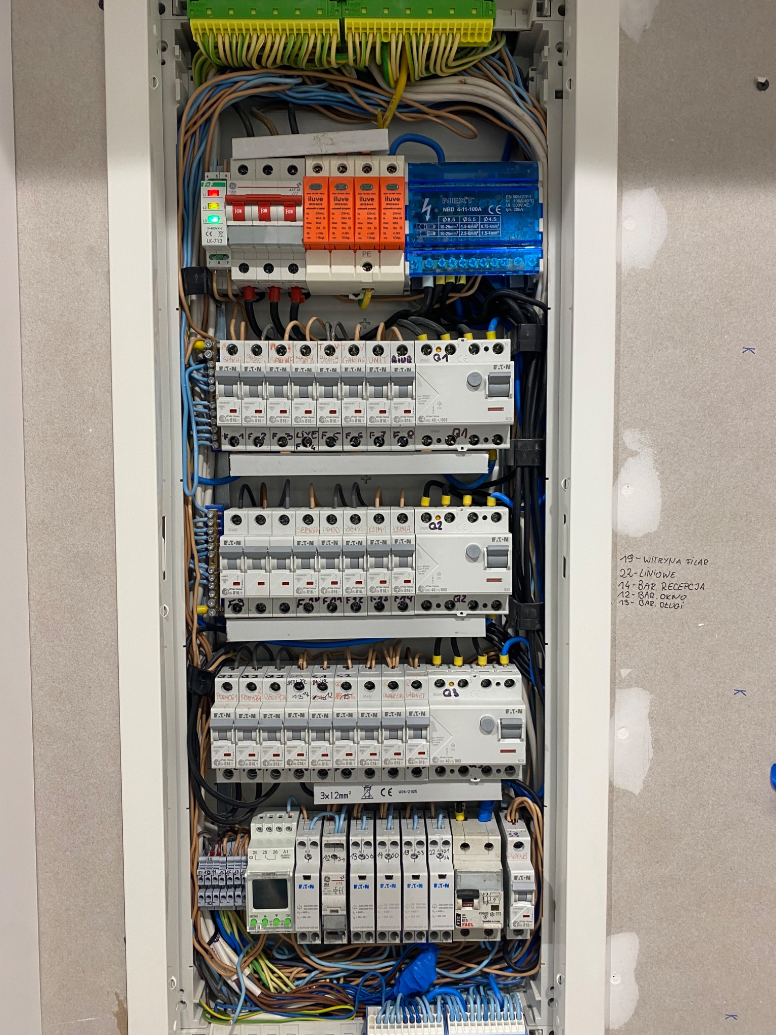 Rozdzielnica elektryczna w białej obudowie, widoczne liczne bezpieczniki, przewody i oznaczenia. Ściana obok z notatkami ołówkiem.