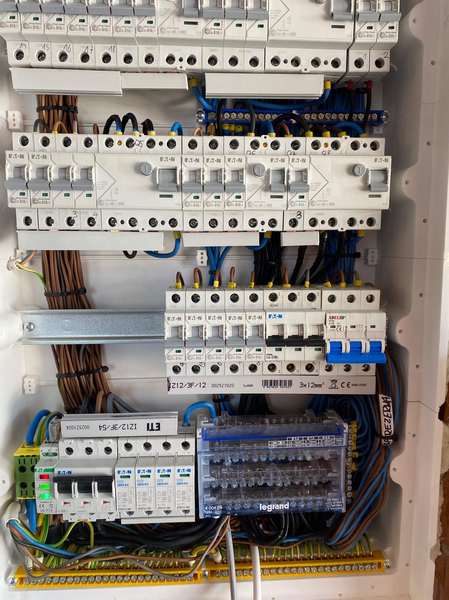 Rozdzielnia elektryczna z bezpiecznikami i okablowaniem w Opolu. Widoczne elementy marki Eaton i Legrand. Instalacja po zakończeniu prac.