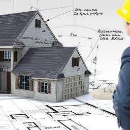 ThermoDesign - Architekt w kasku prezentuje projekt domu jednorodzinnego z garażem, widoczny na planach architektonicznych z naniesionymi wymiarami i detalami.