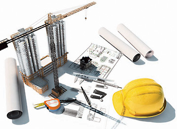 Plan budowy z kaskiem i modelem dźwigu w Lublinie. Rzuty architektoniczne, przybory kreślarskie i zwinięte plany na białym tle. Wizualizacja projektu.