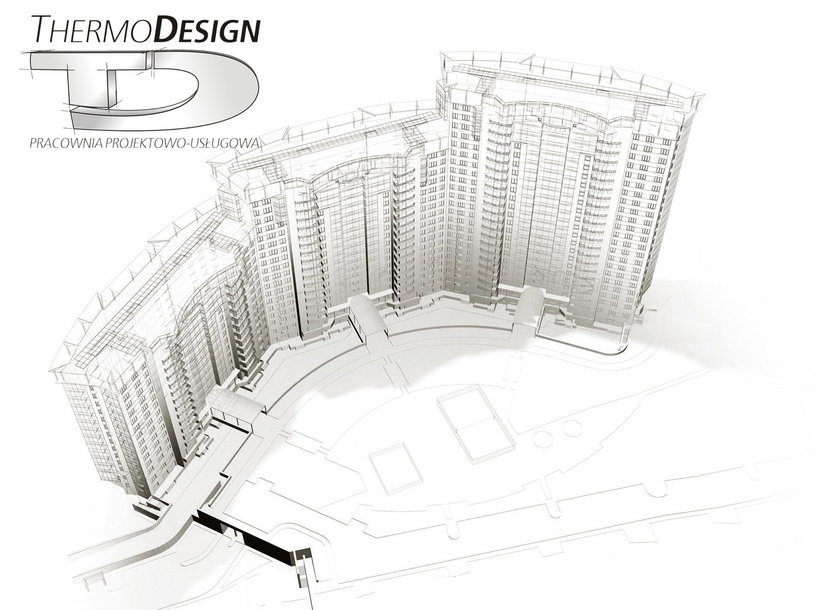 Szkic architektoniczny kompleksu budynków wielorodzinnych z widocznymi detalami urbanistycznymi, prezentowany w perspektywie z góry, z logo firmy ThermoDesign.