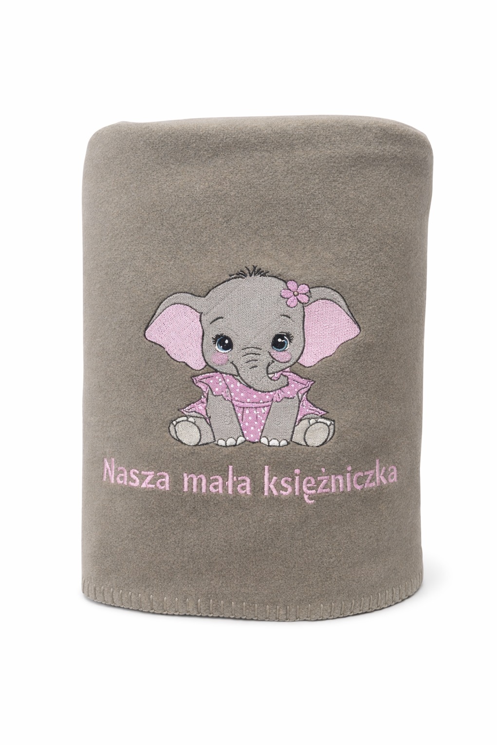 Szary koc z haftowanym słoniem w różowej sukience i napisem 'Nasza mała księżniczka', stojący na białym tle.