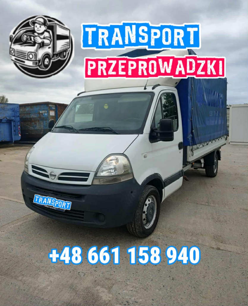 Biały bus z plandeką, reklama transportu i przeprowadzek, numer telefonu na dole zdjęcia. Dodatkowo logo firmy transportowej w lewym górnym rogu.