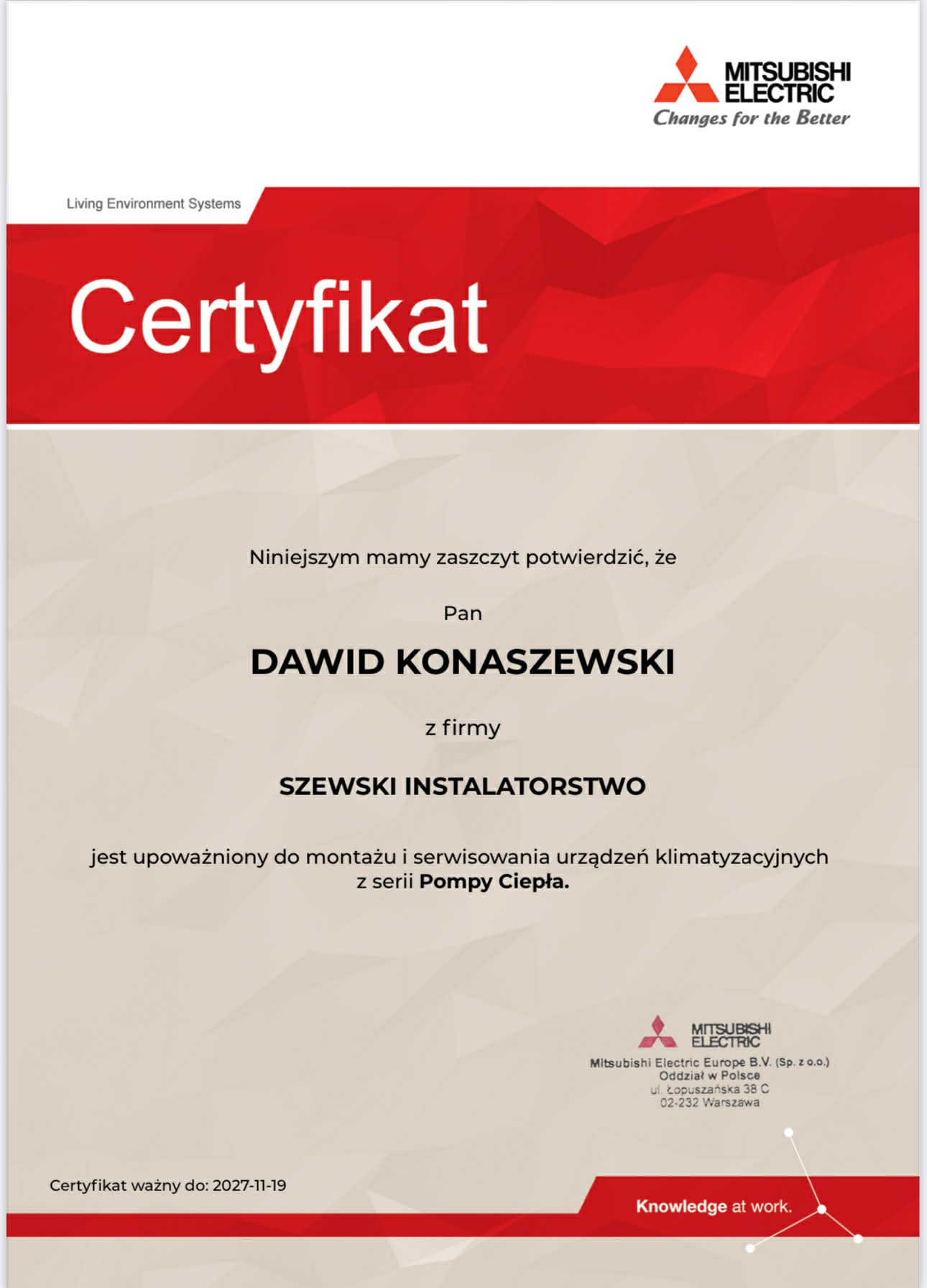 Certyfikat firmy Szewski Instalatorstwo upoważniający Dawida Konaszewskiego do montażu i serwisu klimatyzacji z serii Pompy Ciepła marki Mitsubishi Electric.