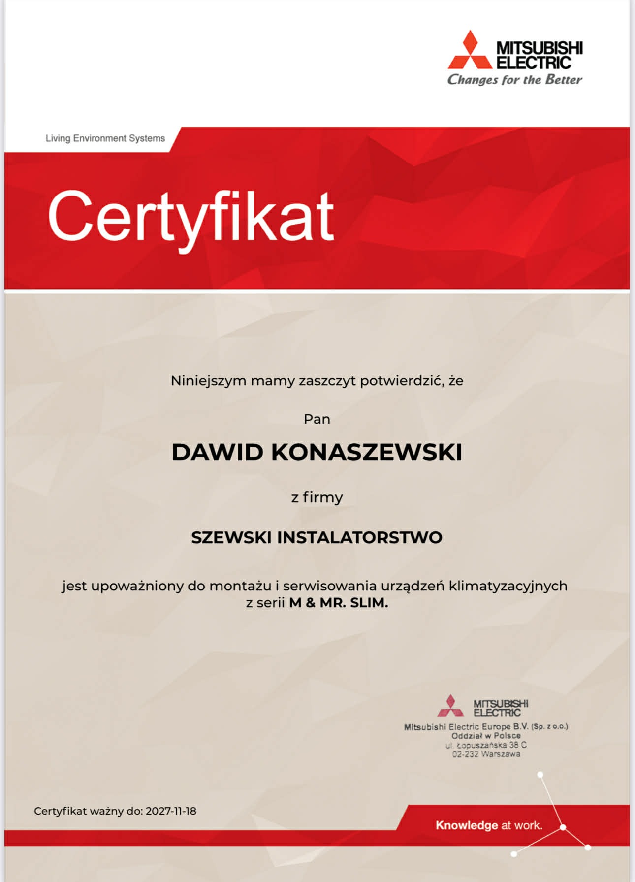 Certyfikat Mitsubishi Electric dla Dawida Konaszewskiego z firmy Szewski Instalatorstwo, upoważniający do montażu i serwisu klimatyzacji serii M & MR. SLIM.