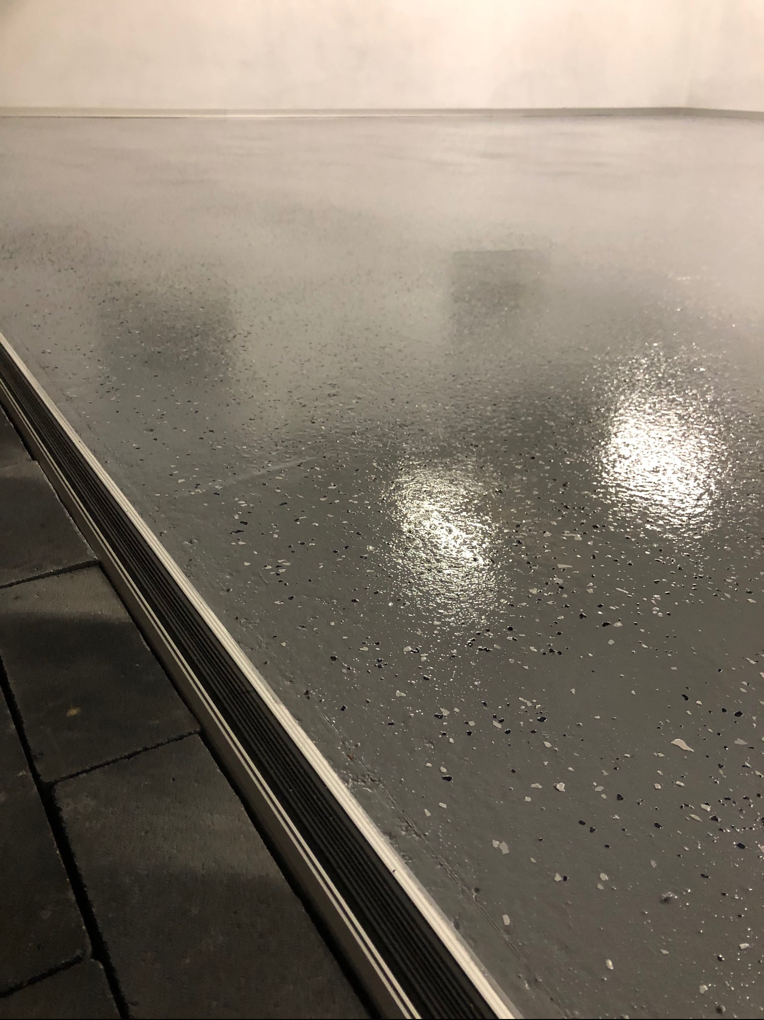 Błyszcząca, szara posadzka z drobnymi, ciemnymi wtrąceniami, wykończona listwą przypodłogową. Widoczne refleksy światła podkreślają gładką powierzchnię.