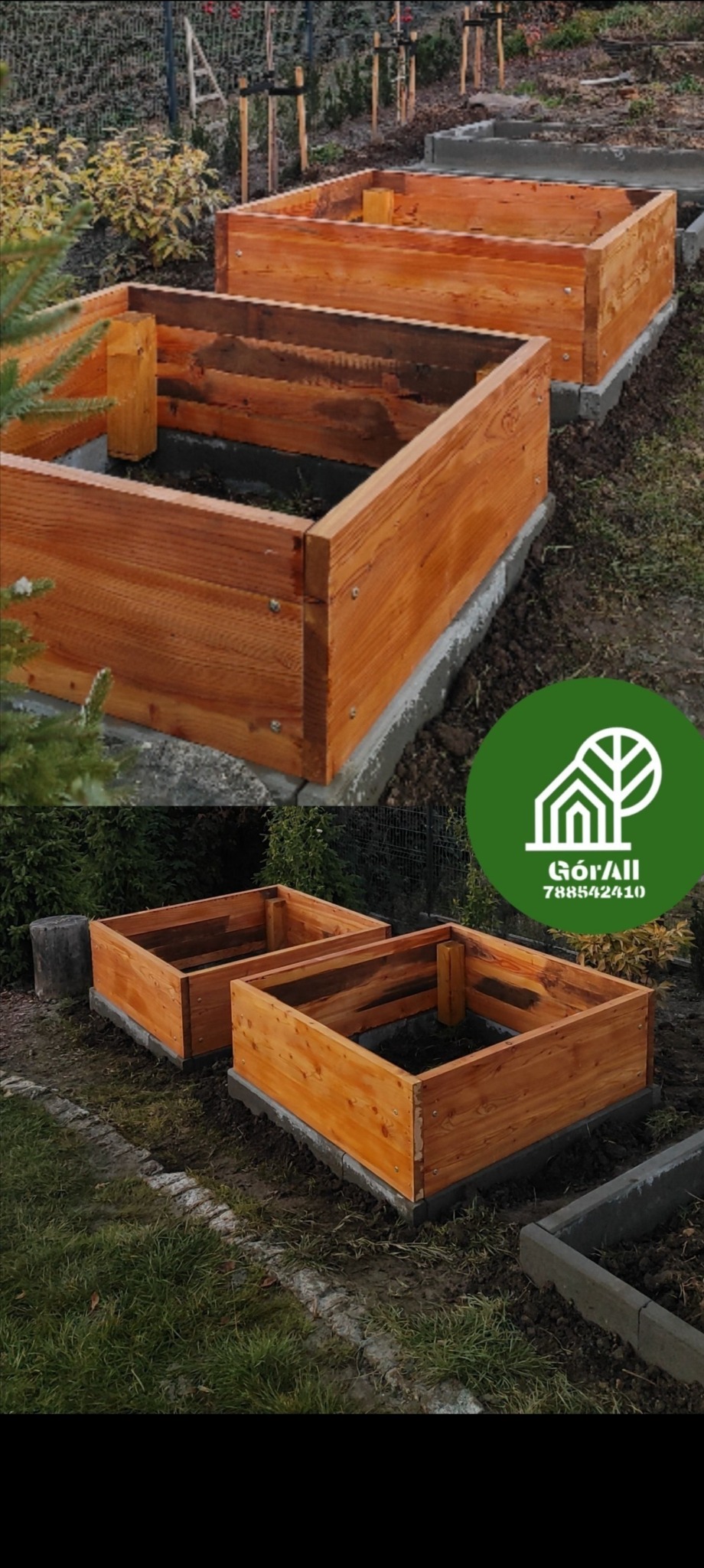 Drewniane donice na warzywa osadzone na obrzeżach betonowych.