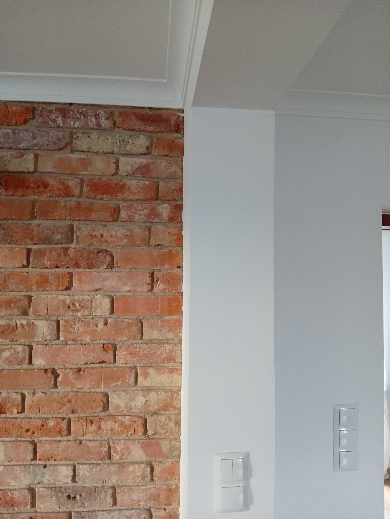 Ceglana ściana z fugami zestawiona z gładką, białą ścianą z włącznikami światła. Widoczny fragment sufitu z listwą dekoracyjną. Kontrast faktur i kolorów.
