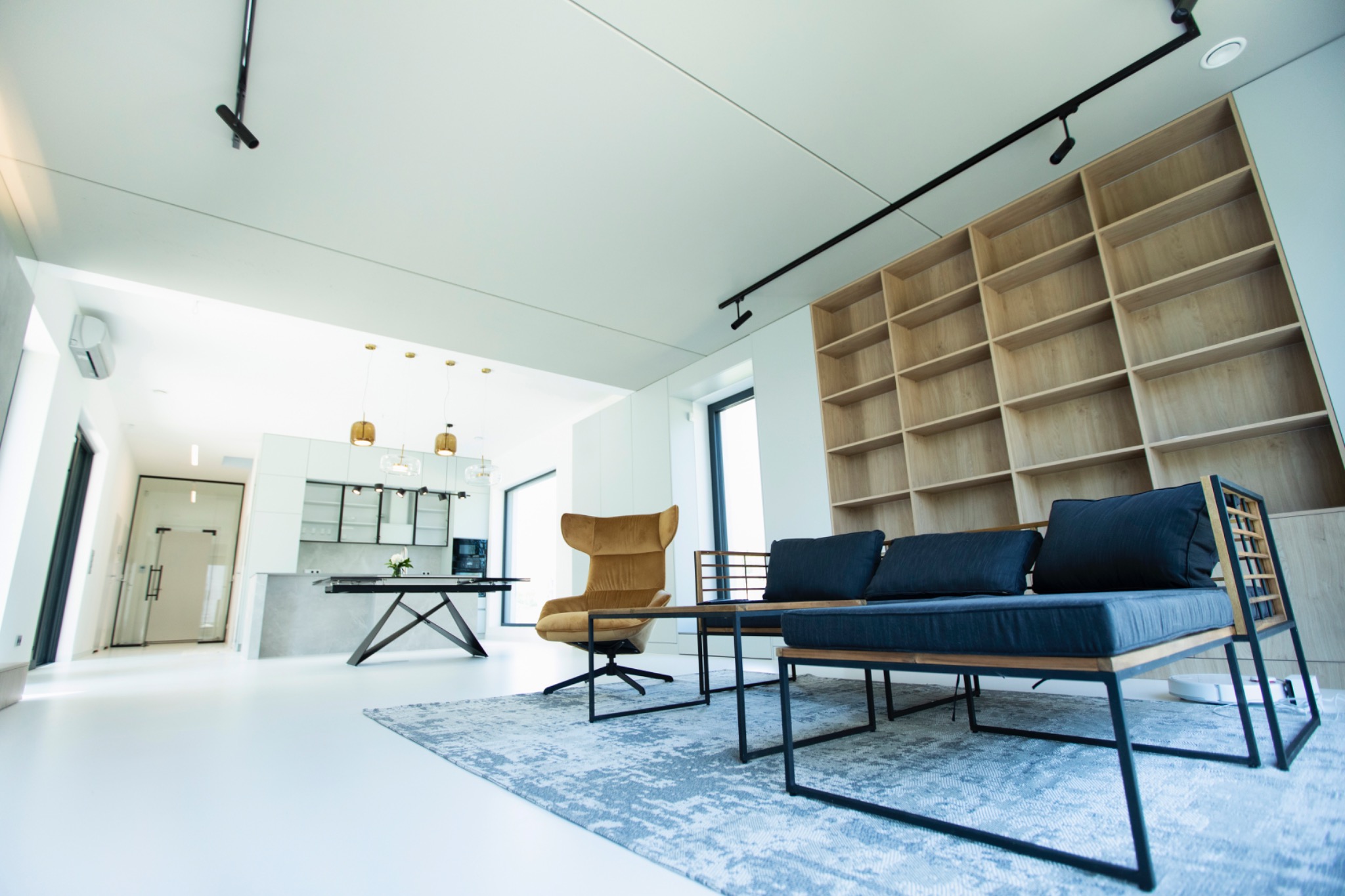 Nowoczesne wnętrze: białe ściany, drewniany regał, designerskie meble (fotel i sofa) na wzorzystym dywanie. Minimalistyczny styl, oświetlenie punktowe.