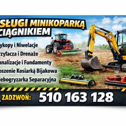 FHU SKO-MAR Mariola Surtel - Grafika reklamowa usług minikoparką i ciągnikiem: wykopy, niwelacje, drenaż, kanalizacja, koszenie, glebogryzarka. Widoczny minikoparka JCB, ciągnik i numer telefonu.