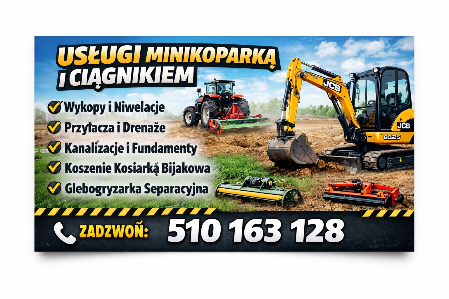 Grafika reklamowa usług minikoparką i ciągnikiem: wykopy, niwelacje, drenaż, kanalizacja, koszenie, glebogryzarka. Widoczny minikoparka JCB, ciągnik i numer telefonu.