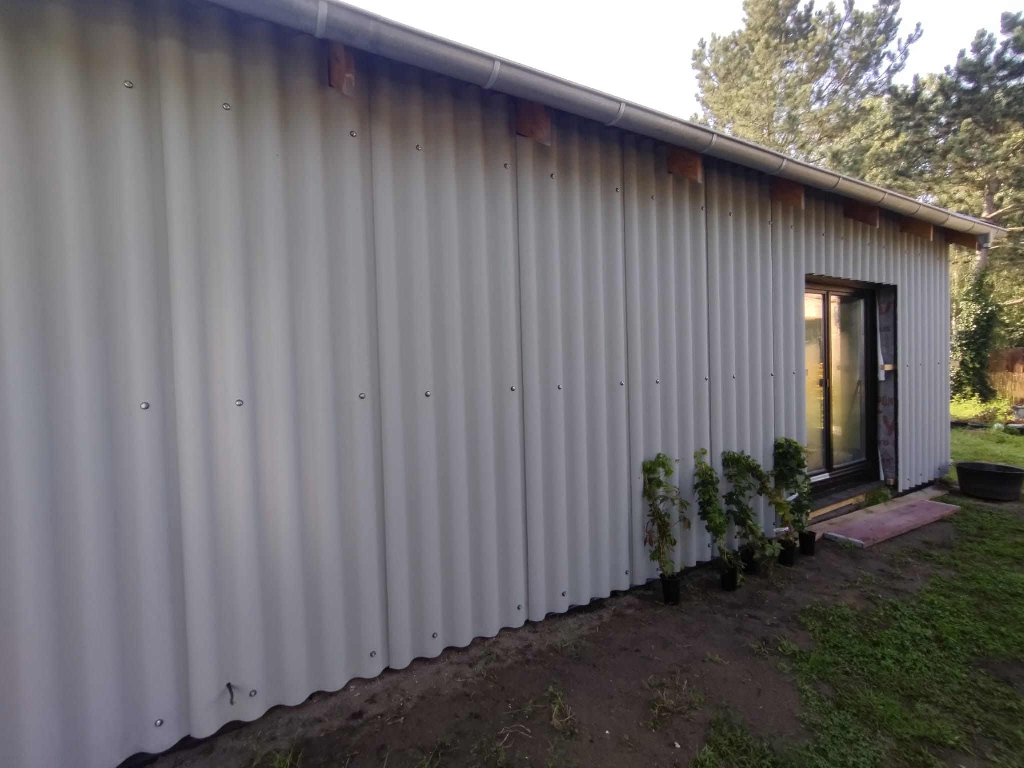 Ściana budynku obłożona blachą falistą, widoczne mocowania. Przy ścianie ustawione doniczki z roślinami. W tle drzewa.