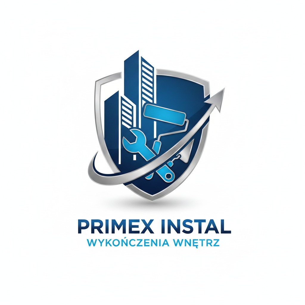 Logo firmy Primex Instal: budynki, pędzel, kielnia i klucz francuski w tarczy z napisem 'Wykończenia Wnętrz'. Grafika w odcieniach niebieskiego i szarości.