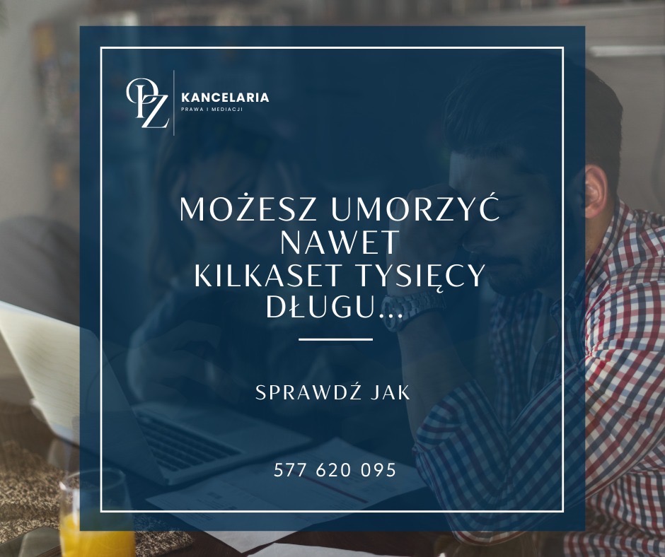 Grafika kancelarii prawnej: mężczyzna zmartwiony długami, informacja o możliwości umorzenia zadłużenia. Kontakt telefoniczny w ramce.
