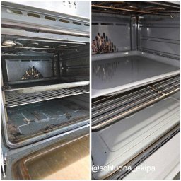 Schludna Ekipa - Piekarnik przed i po czyszczeniu: po lewej brudny z przypaleniami, po prawej lśniący czystością. Widoczne ruszty i wnętrze piekarnika. Ujęcie z bliska.