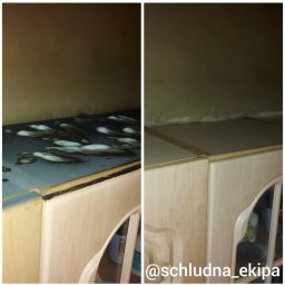 Schludna Ekipa - Szafka przed i po czyszczeniu: po lewej brudna powierzchnia z plamami, po prawej czysta, odświeżona szafka z widocznymi środkami czystości w tle.