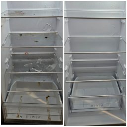 Schludna Ekipa - Zdjęcie przedstawia wnętrze lodówki przed i po czyszczeniu. Po lewej brudna lodówka, po prawej czysta, z umytymi półkami i pojemnikami. Widoczne resztki jedzenia i zabrudzenia.