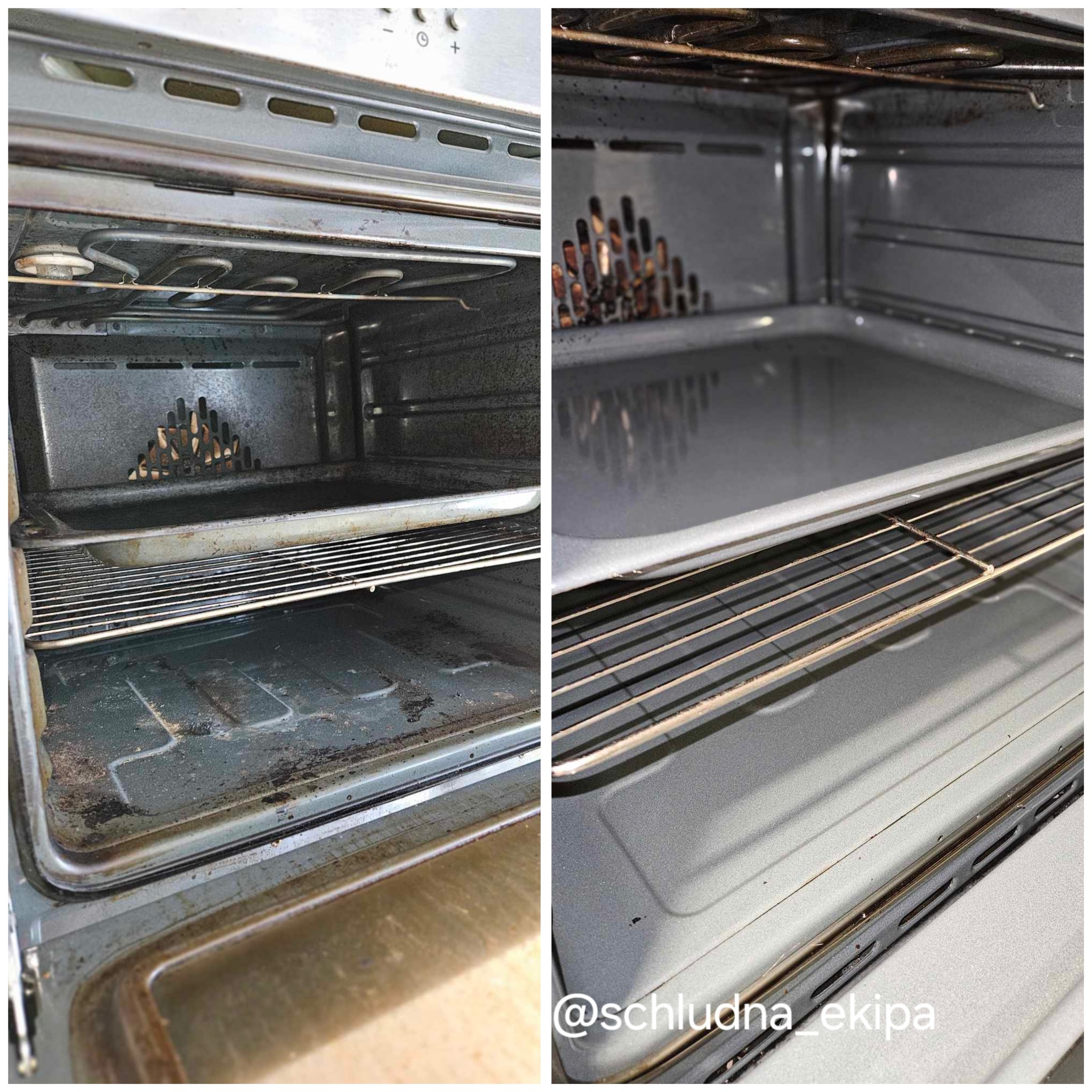 Piekarnik przed i po czyszczeniu: po lewej brudny z przypaleniami, po prawej lśniący czystością. Widoczne ruszty i wnętrze piekarnika. Ujęcie z bliska.