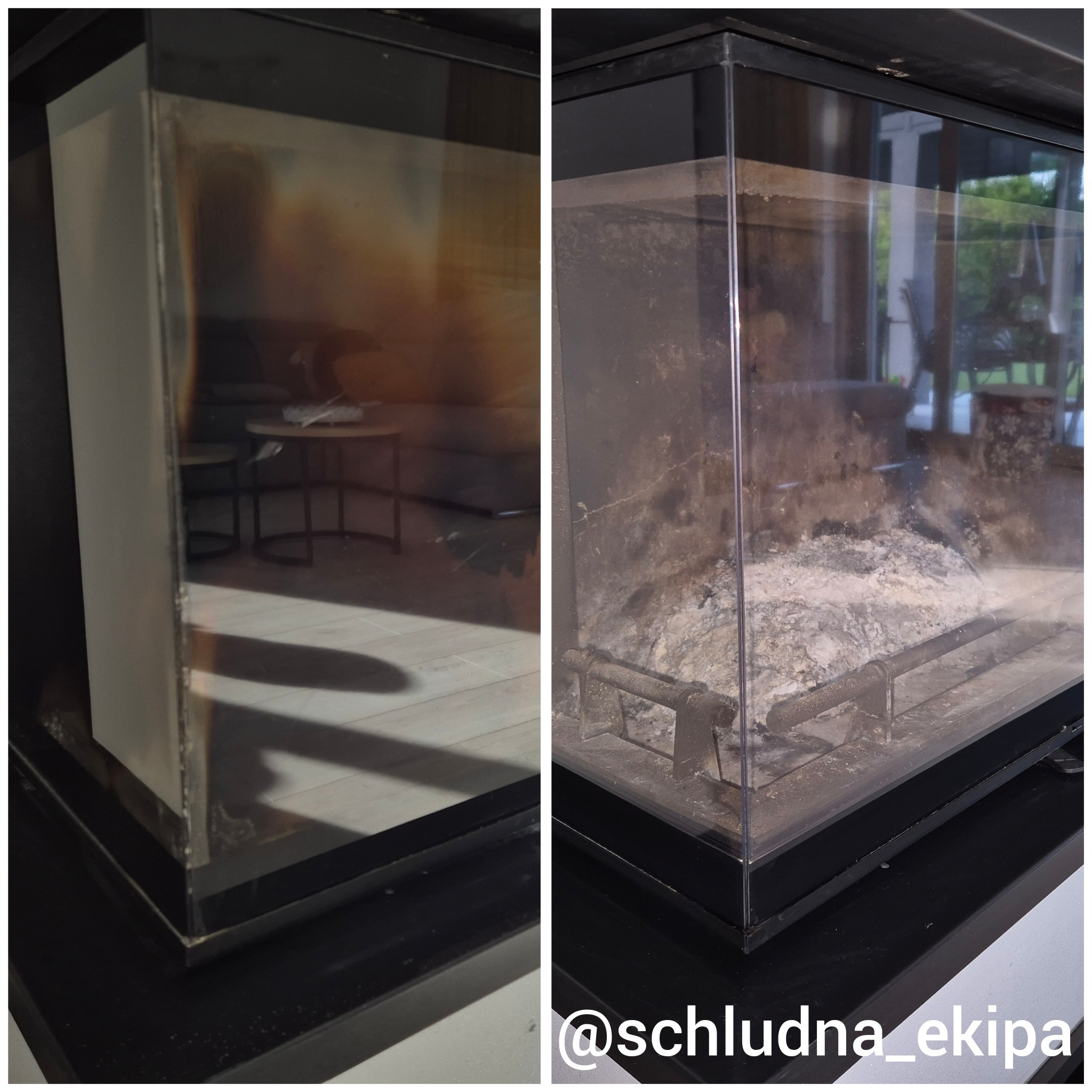 Kominek przed i po czyszczeniu w Chrzanowie. Po lewej brudna szyba, po prawej czysta, z widocznym popiołem wewnątrz. Efekt sprzątania.