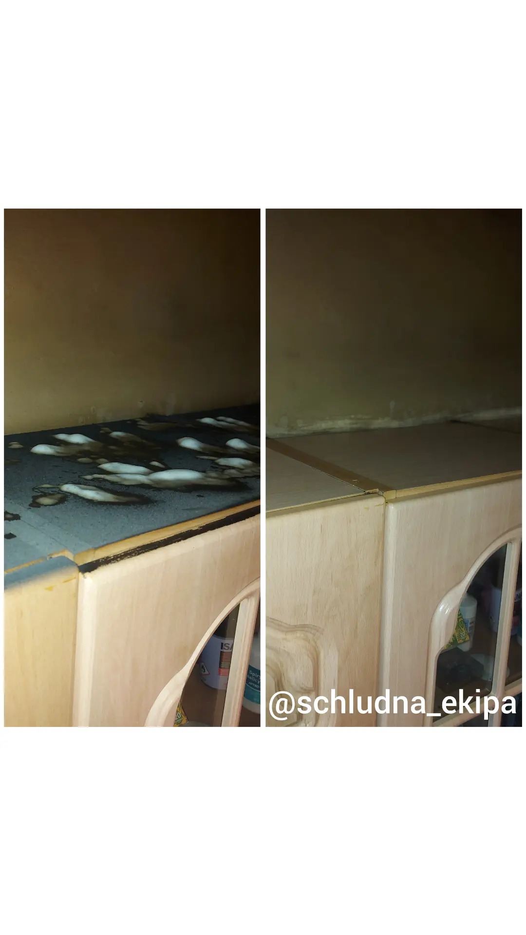 Szafka przed i po czyszczeniu: po lewej brudna powierzchnia z plamami, po prawej czysta, odświeżona szafka z widocznymi środkami czystości w tle.