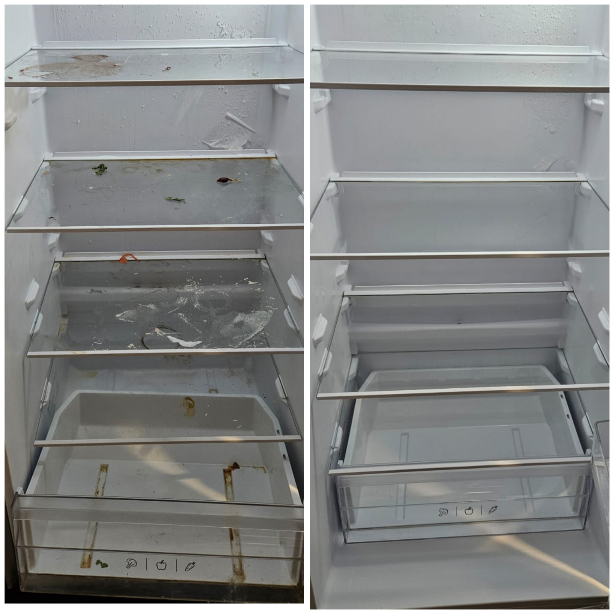 Zdjęcie przedstawia wnętrze lodówki przed i po czyszczeniu. Po lewej brudna lodówka, po prawej czysta, z umytymi półkami i pojemnikami. Widoczne resztki jedzenia i zabrudzenia.