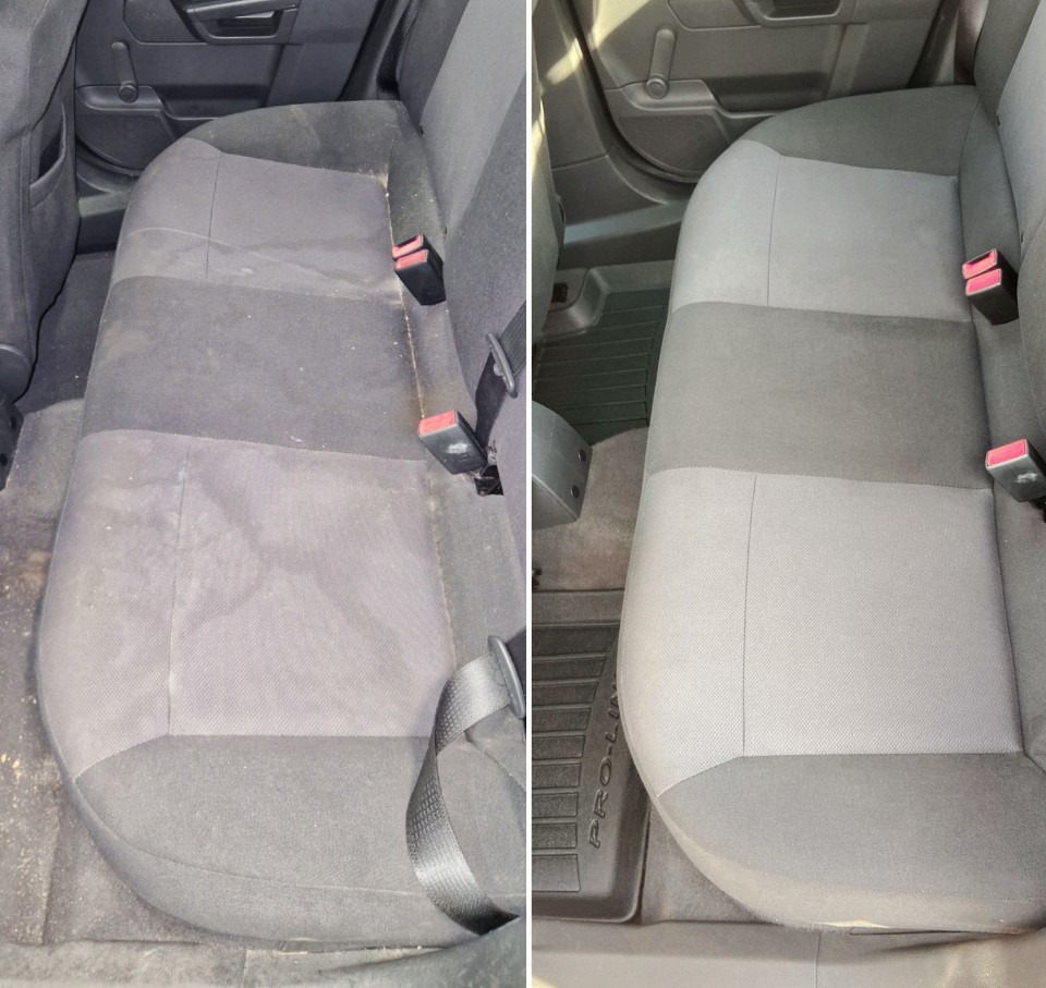 Tapicerka samochodowa: widok przed i po czyszczeniu. Po lewej brudne siedzenie, po prawej czyste, z odświeżonym kolorem i usuniętymi zabrudzeniami. Widoczne pasy bezpieczeństwa.
