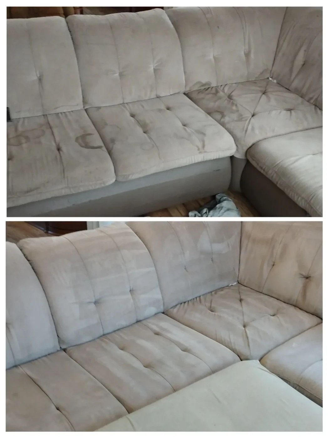 Zdjęcie przedstawia narożnik przed i po praniu. Widoczne plamy na górnym zdjęciu i czysta tapicerka na dolnym. Jasna, beżowa tkanina z pikowaniami.