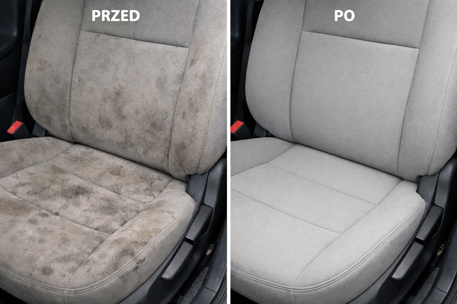 Tapicerka samochodowa: porównanie stanu przed i po czyszczeniu. Lewa strona z widocznymi plamami, prawa strona czysta, szara.