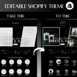 Scopio - Edytowalny motyw Shopify: porównanie wyglądu strony internetowej przed (szare pola) i po (świece Luxury Candles Amber & Rose) zmianach. Czarno-biała grafika.