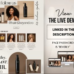 Scopio - Projekt strony internetowej z produktami do pielęgnacji włosów, prezentowany na monitorze, laptopie i smartfonie. Widoczne zdjęcia produktów i modelek z kręconymi włosami.