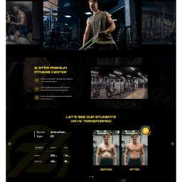 Scopio - Strona internetowa siłowni premium z sekcją transformacji klientów. Zdjęcia 'przed i po' z danymi o wadze i tkance tłuszczowej. Nowoczesny design, ciemna kolorystyka.